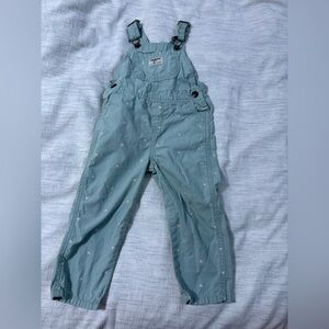 EUC OshKosh B'gosh Blue Green Overalls with little Pink Hearts